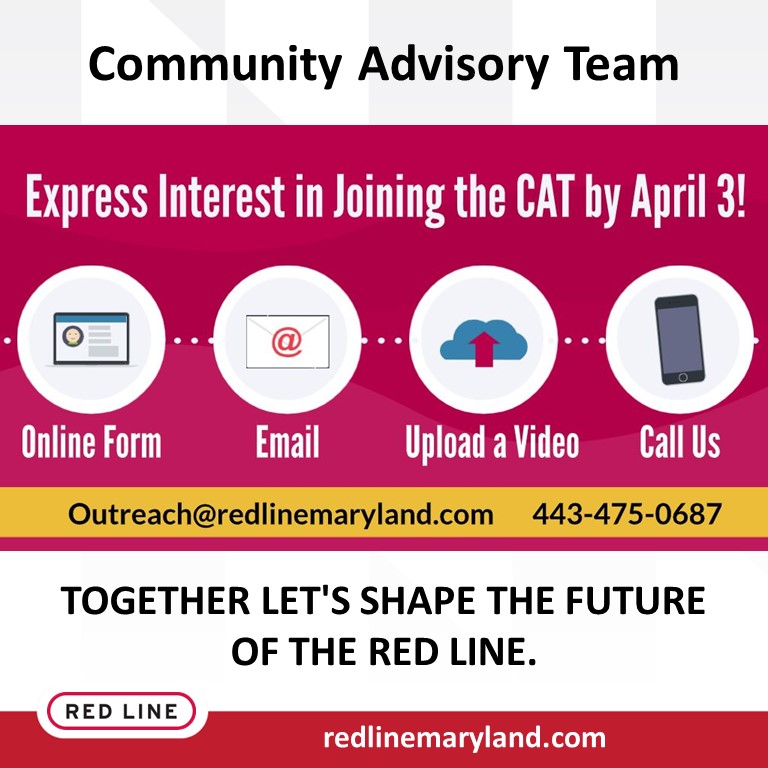 🚇 Join the Red Line Community Advisory Team and help shape the future of transit in Baltimore! Whether you live, work, or play along the Red Line corridor, your voice is vital in shaping its future. 🔗 Learn more and apply at: redlinemaryland.com/cat/