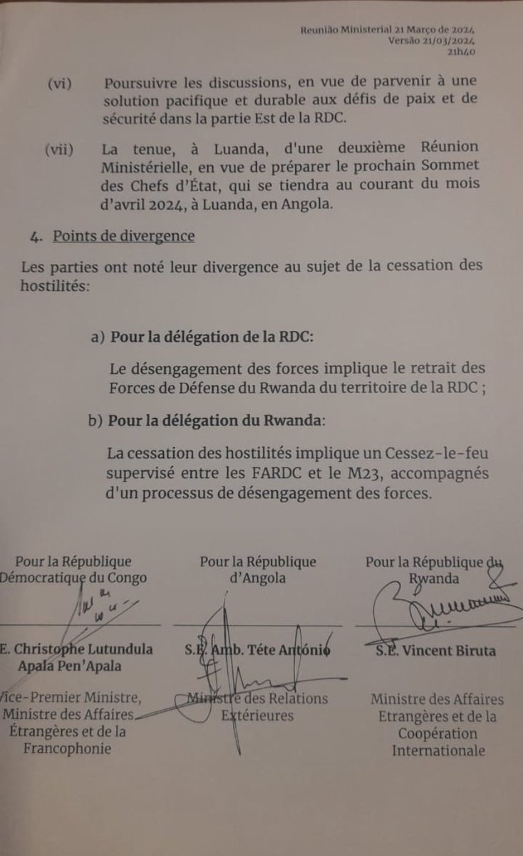 NÉGOCIATIONS ENTRE TSHISEKEDI (RDC) ET KAGAME (RWANDA) Luanda, 21.03.2024 Mon avis : Rwanda : 1 RDC : 0 En s'engageant à 'présenter un plan de neutralisation des FDLR, accompagné d'un programme d'actions', la RDC a ainsi officiellement reconnu : * la présence des FDLR