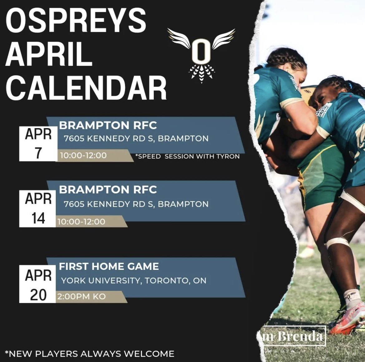 Ontario Ospreys April schedule includes two practices and their first home game of the season on April 20 at York University! Time to get in on women’s #rugbyleague! Come play or watch. New members always welcome.