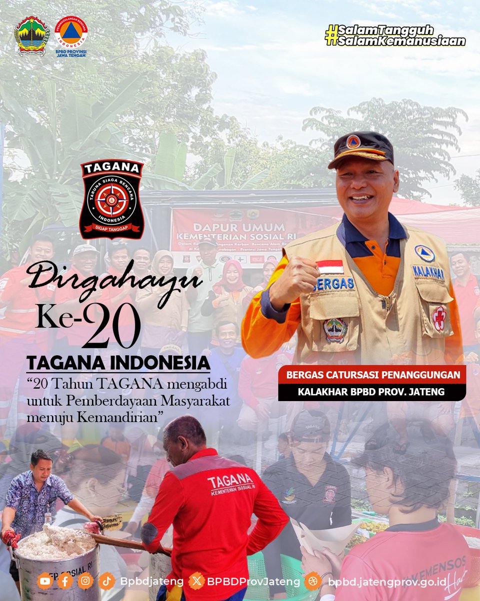 BPBD Provinsi Jawa Tengah mengucapkan Dirgahayu Taruna Siaga Bencana (TAGANA) ke 20 Th. Semoga semakin jaya, solid dalam sinergitas dan bermanfaat bagi kemanusiaan. __________________ #SalamTangguh #SalamKemanusiaan #SiapUntukSelamat #BudayaSadarBencana #KitaJagaALAMJagaKita