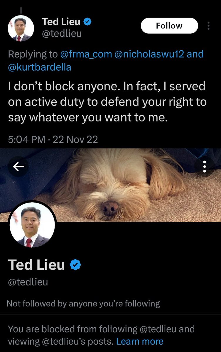 @CryptoLawyerz @tommurphy8485 @RepSwalwell We've been blocked by Ted Lieu. This was after he claimed that he didn't block anyone because he fought for our 'right to say whatever you want to me.' What steps can we take to remedy this? @cringetalk @Judes_Law310 @RedsRepair95 @Gabby2Angels @DanOhh1970 @KatGkannon @SaulG2008