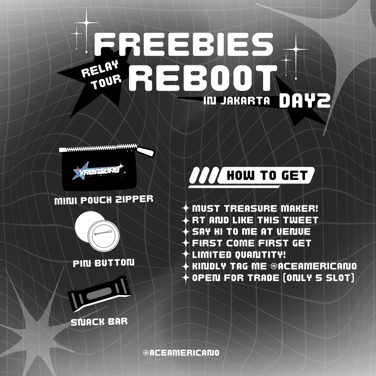 ACEamericano's tweet photo. [ rt &amp; likes are appreciate ]

 ・₊✧  FREEBIES TREASURE RELAY TOUR REBOOT IN JAKARTA・₊✧ 
— by @ACEamericano 

find your Freebies~!! 

🗓️ 30 Juni 2024 (day 2)
📍 Indonesia Arena
⏰ TBA
‼️limited quantity

#TREASURE #REBOOTinJKT 
#TREASURE_REBOOT_IN_JAKARTA https://t.co/zsGMEzKS7V
