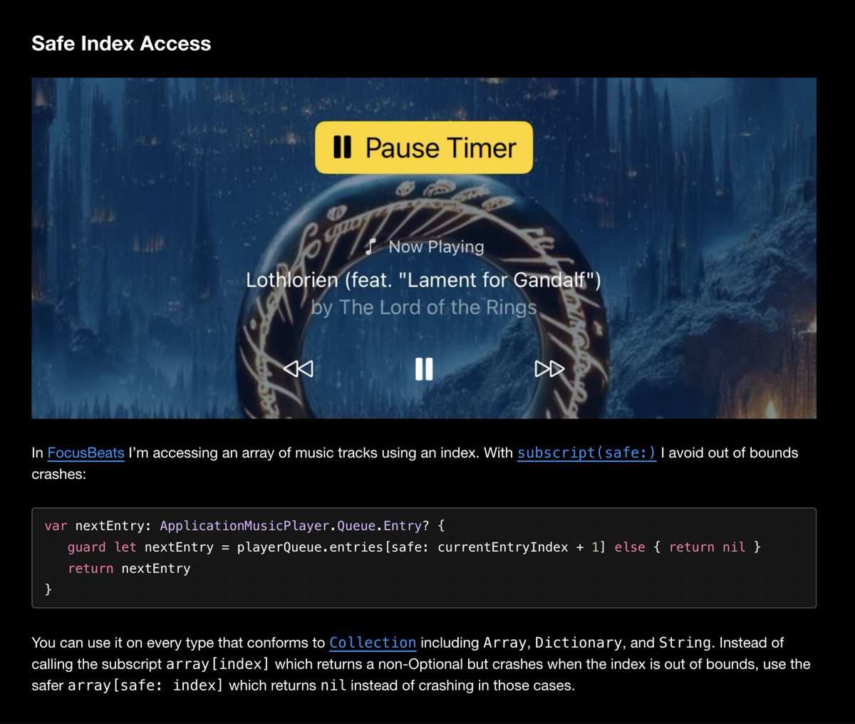 Jeehut's tweet photo. #Swift tip of the day: 💡

Safely access array indices with #HandySwift. Avoid crashes by calling "array[safe: index]" which returns "nil" when your index is out of bounds. 💯

Read the full #DocC article for more handy extensions like this: 👇
https://t.co/d15bjC2S1F https://t.co/WehxWxr8Cw