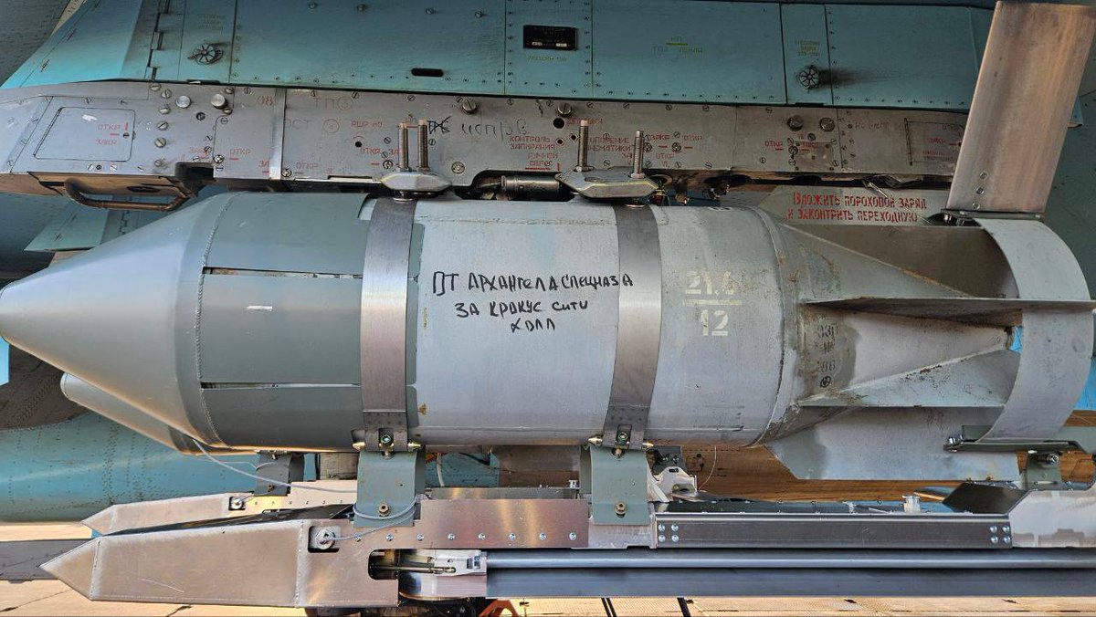 'For Crocus City' written on a bomb about to be dropped on Ukraine. The sheer absurdity of the 'SMO' in one image.