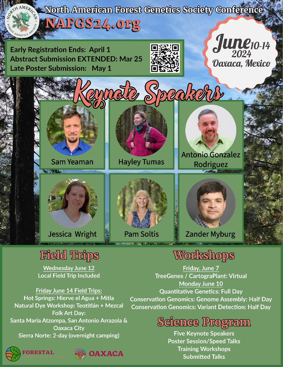 N.A. Forest Genetics Society (nafgs24.org) accepting abstracts through Mon (25th) - join our amazing keynotes @sam_yeaman @soltislab @HayleyTumas @zandermyburg & Jessica Wright: June 10-14 in Oaxaca, MX @IEcologiaUNAM @NRCan @usfs_nrs @usfs_r9 @usfs_srs @ubcforestry