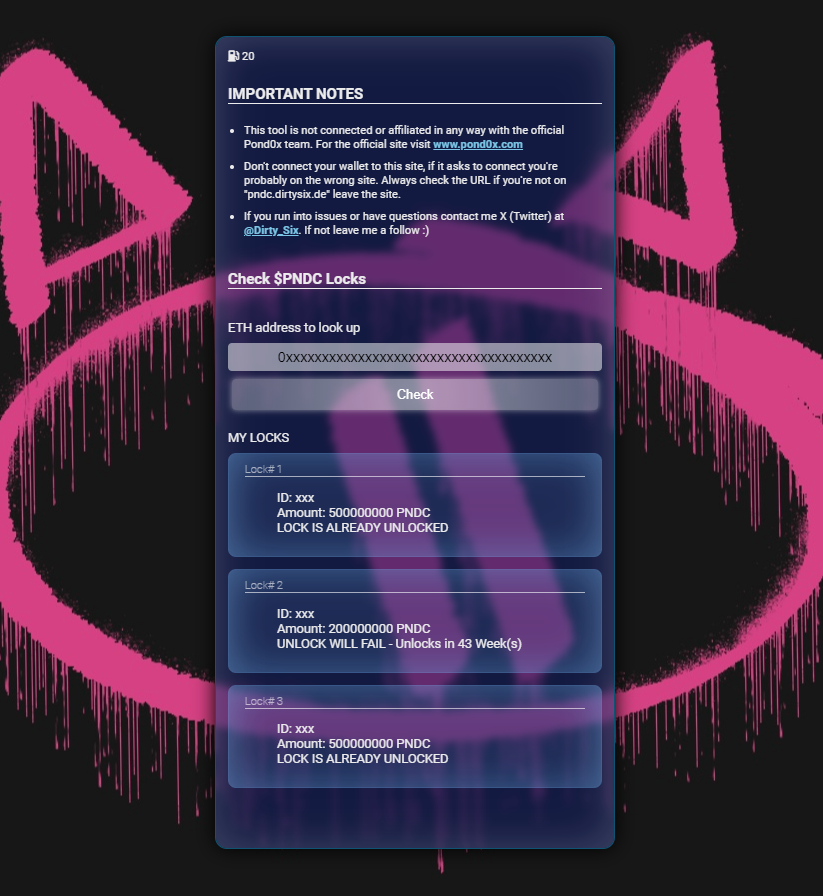 Dirty_Six's tweet photo. Hey $PNDC people!
Since I got some reports about missing locks I worked on a fix to show all transaction data.
I just released a new version that should now show all your locks and their status.
And I also updated the UI a bit ✌️ https://t.co/uPKK8MITeq