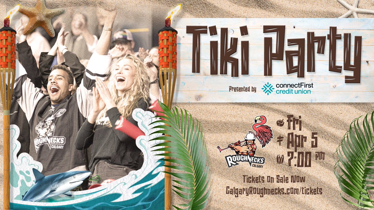 🥳NEXT UP: Tiki Party presented by @ConnectFirstCU!! 🥳

We battle the Saskatchewan Rush April 5 for the Tiki Party at the Rough House! Get your tickets now! 

🎟️: bit.ly/3TuBmID

#ComeForTheParty
