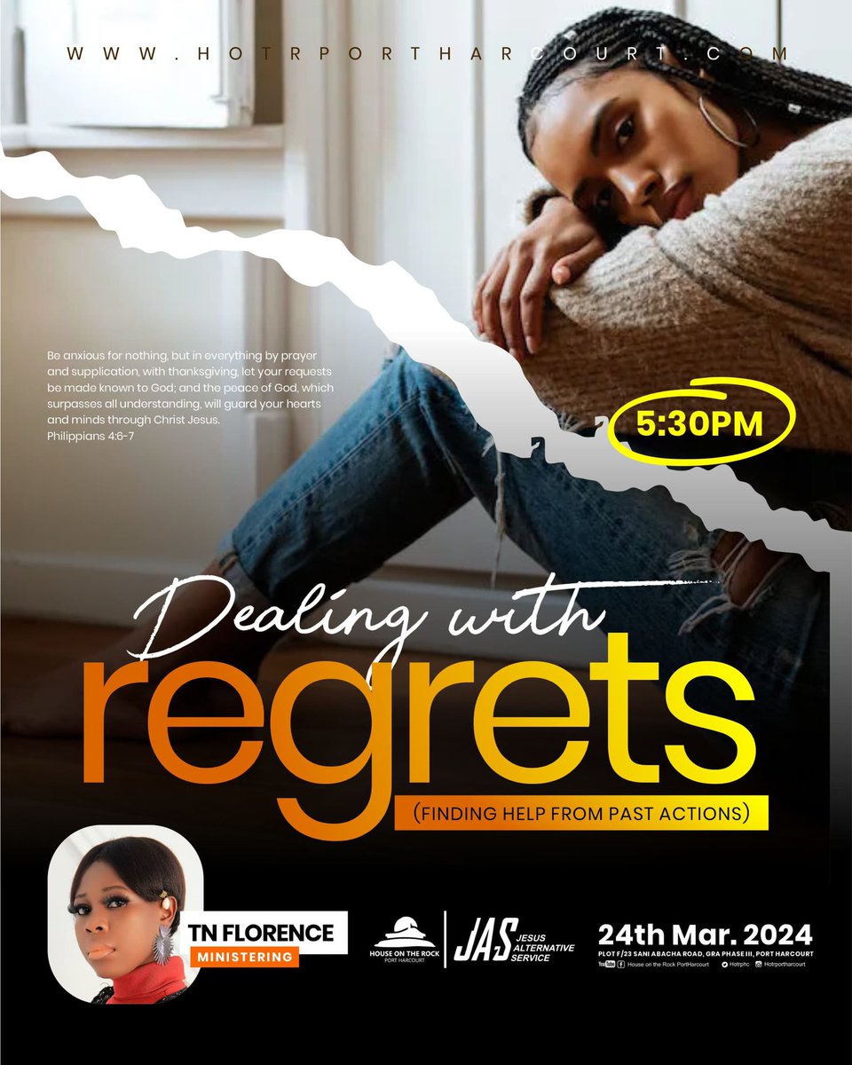 HOTRphc's tweet photo. Join us as we explore strategies to confront and move beyond regrets, transforming them into avenues for growth & resilience.
TN Florence will be ministering
Potter’s Treasure will be ministering
See you at the #JesusAlternativeService at 5:30PM prompt.
#JAS
#HouseOnTheRock https://t.co/O7OOPclrZf