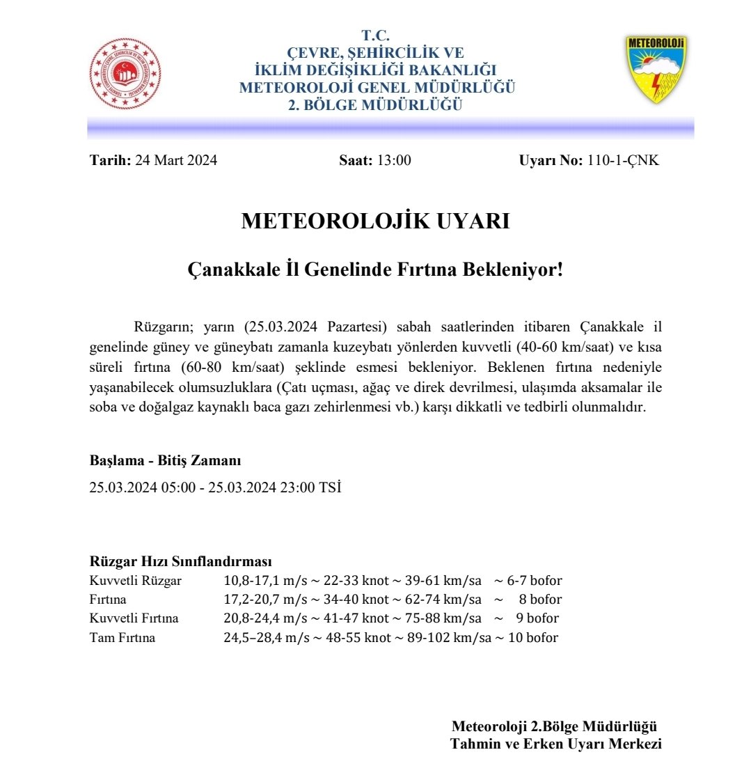 ckalebelediye's tweet photo. Meteorolojik Uyarı!!! 

T.C. Çevre, Şehircilik ve İklim Değişikliği Bakanlığından alınan bilgiyi kentlilerimizin bilgisine sunarız.

#Çanakkale #BarışınKenti 
#MeteorolojikUyarı https://t.co/Iw3AzqlMsL