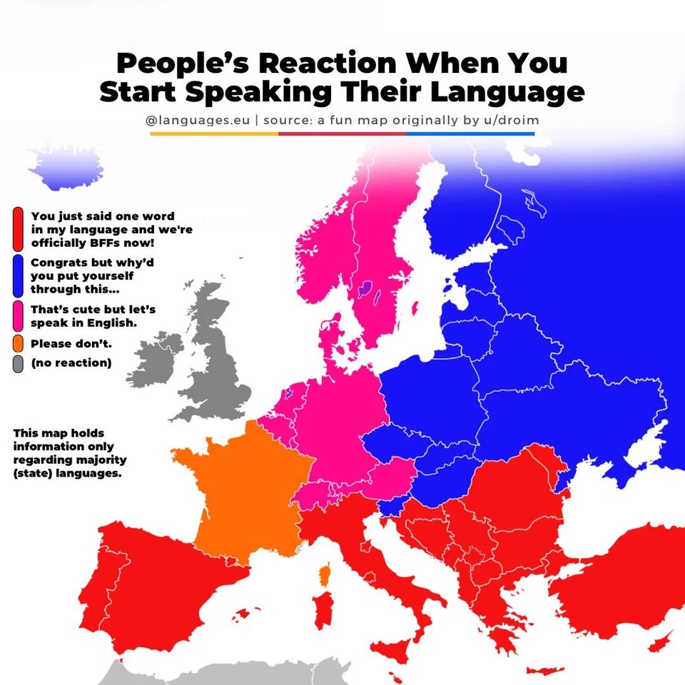 A map showing how people react when other nationalities speak their language reddit.com/r/PORTUGALCYKA… from languages.eu (on Instagram) via @Reddit
