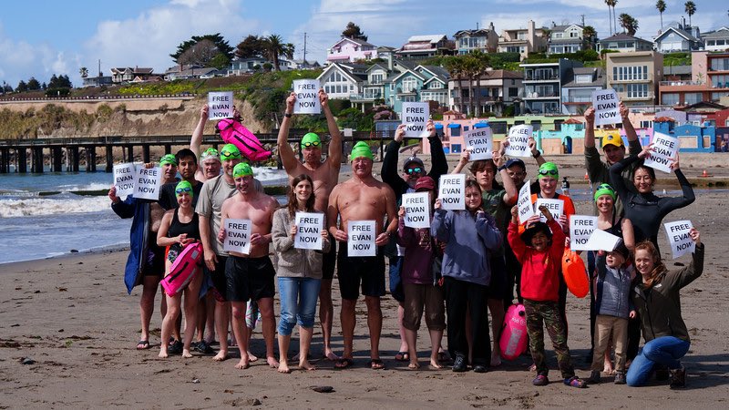 We swam at (or near) Brighton beaches all around the world yesterday for Evan Gershkovich, my colleague who has been imprisoned in Russia for a year just for doing his job #JournalismIsNotACrime #IStandWithEvan Photo by Kevin Buckholtz Here is the crew in California: