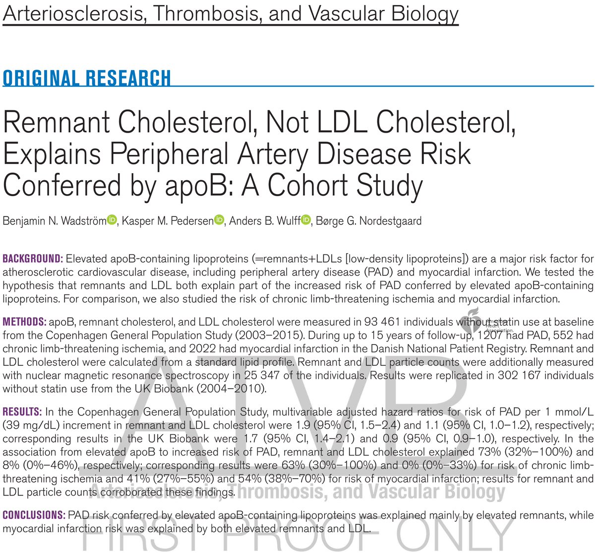 Risk of peripheral artery disease conferred by elevated apoB-containing lipoproteins was explained mainly by elevated remnants, while risk of myocardial infarction was explained by both elevated remnants and LDL. ahajournals.org/doi/10.1161/AT…