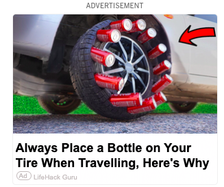 I guess placing one bottle on a tire did not get enough clicks. So they created a photoshop of a dozen cans somehow stuck to the sidewall. A perfect example of when even one click is not worth your time: