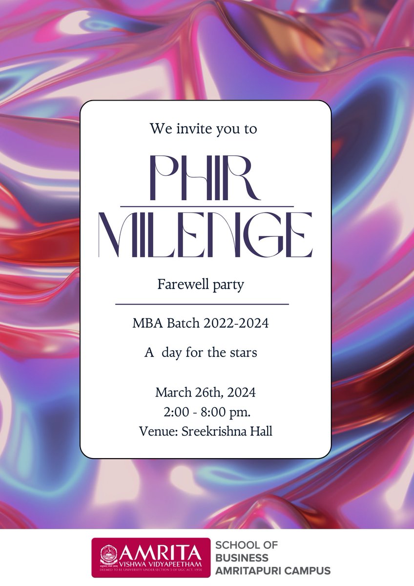 Farewell party for the MBA batch of 2022 - 2024 'Phir Milenge' on March 26th from 2:00 p.m. to 8:00 p.m. at SreeKrishna Hall. A day to celebrate the achievements of the batch and wish them for the future!
#amritapurimba #mbaamritapuri #proudamritians #Farewell