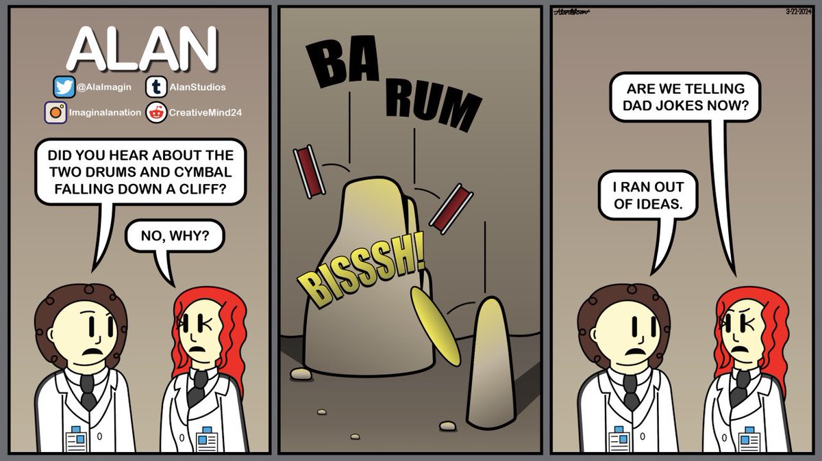 AlaImagin's tweet photo. Dad Jokes (Alan Comic Strip)
@AlaImagin #alancomicstrip #ImaginALANation #comedy #funny #comicstrip #webcomic #cartoons #YouTube #StorytimeAnimation https://t.co/gC32o69BTm