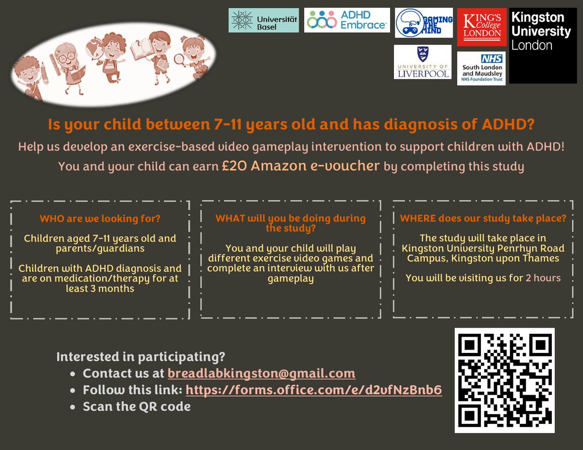 gamingthemind's tweet image. Seeking kids with ADHD &amp;amp; parents/guardians to help develop a video game exercise programme! Share with anyone who'd be interested in this study!

- attend Kingston Uni lab w/ your child
- play fun exercise video games 🎮
- give feedback
- £20 Amazon voucher for your time 🪙

🧵1/