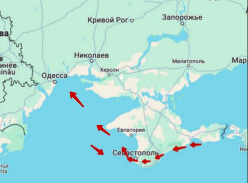 boris_beissner's tweet photo. Derzeitige "Luftlage".

Sechs Gruppen von Shaheds wurden von #Chauda (Krim) aus gestartet. Sie fliegen über #Tarkhankut in Richtung Norden nach #Odessa.
Eine Su-30 kreist über dem Schwarzen Meer.
#Crimea #Ukraine https://t.co/GO1yMEwZ4e