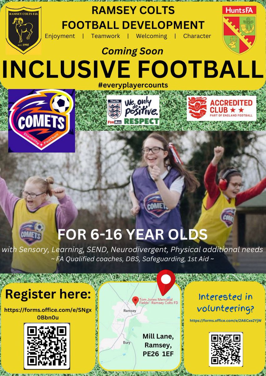 RamseyColtsFD's tweet photo. RCFD will be offering an Inclusive Football programme, for 6-16 year olds. 

This is a great addition to our Clubs offering to our community, and provides an additional pathway to football for people who may not feel mainstream grassroots football is quite right for them. https://t.co/FTG6sjr1rB