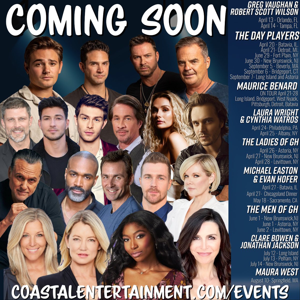 We are working on more surprises for #2024 but in the meantime, check out our events with your favs! #ComingSoon @ericmartsolf @wallykurth @CarsonBoatman @BrandonBarash @greg_vaughan @MrRobertScott @lldubs @iamaliford @JonathanJackson @EvanHofer @MauraWest @MauriceBenard