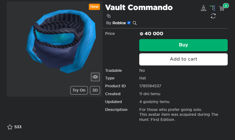 markontm's tweet image. The Vault Commando has now above 1,000 Owners! This is almost 3 times more copies than the Vault Swordpack
#RobloxHunt