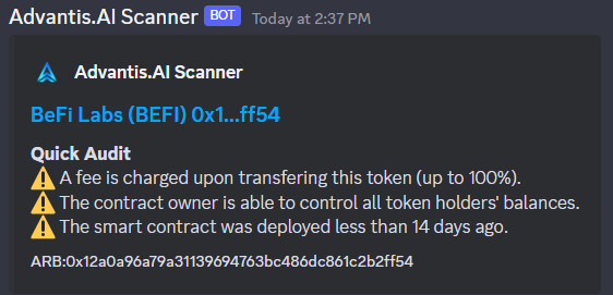 Yoitsz01's tweet photo. $BEFI on #ARBchain is trending ๐ค
CA: 0x12A0A96A79A31139694763bc486DC861C2B2fF54
- 500+ #hodlers
- $300K+ MC
- $150K+ LP
But, did you know #BeFiLabs is a future #rugpull ๐ฉ
๐จAVOID๐จ
#BeSafe use #AdvantisAI and avoid scams like $BEFI
#AW3Shield #CryptoSecurity #web3 #DeFi https://t.co/lZQjZsDfJe
