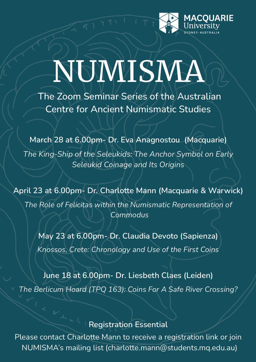 res_australes's tweet photo. March 28 online [6pm] @ACANSMQ #NUMISMA seminar: Dr Eva Anagnostou (@anagnostou_eva @mq_dha), The King-ship of the Seleukids: the anchor symbol on early Seleukid coinage and its origins. Zoom - register https://t.co/PSeX27wogE https://t.co/INp1IeKshw