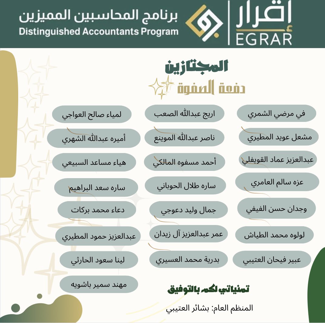 أبارك للمتدربين الحاصلين على ختم التميز والمجتازين هنيئا لكم هذا الانجاز والتميز تمنياتي لكم بالتوفيق يامميزين✨🤍🤍

أسماء المميزين من #دفعة_الصفوة 
#برنامج_المحاسبين_المميزين