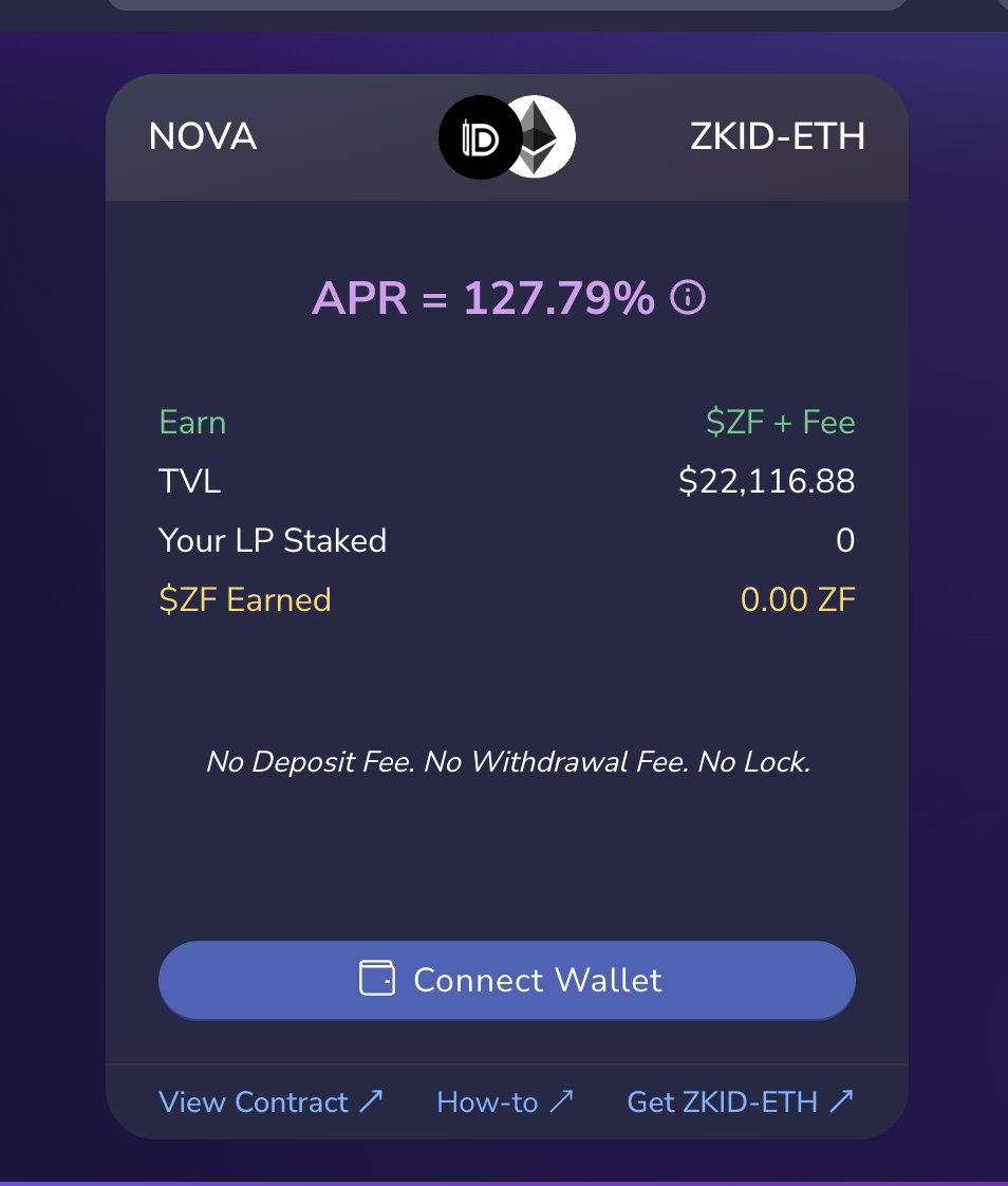 127.79% APR for Nova farming pool at @zkSwap_finance ⚡️

Explore zkSwap and stake your ZKID-ETH liquidity now to earn $ZF + Fee!

🔗 zkswap.finance/earn/farm?pool…

#zkSyncid #zkSyncEra