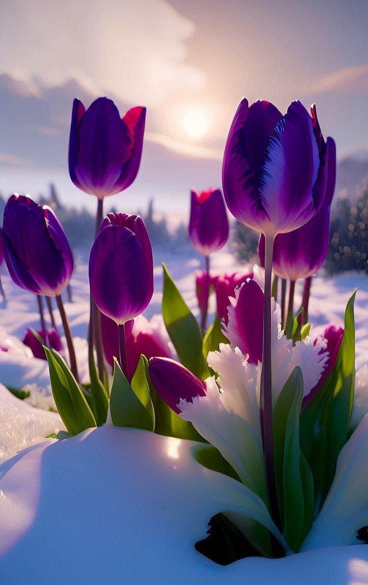 #tulips #tulipanes #purpletulips #purpleflowers #springflowers #snow #snowfall #pomeriggio #printemps #landscapephotography #fleurs #felizlunes #mondayflowers