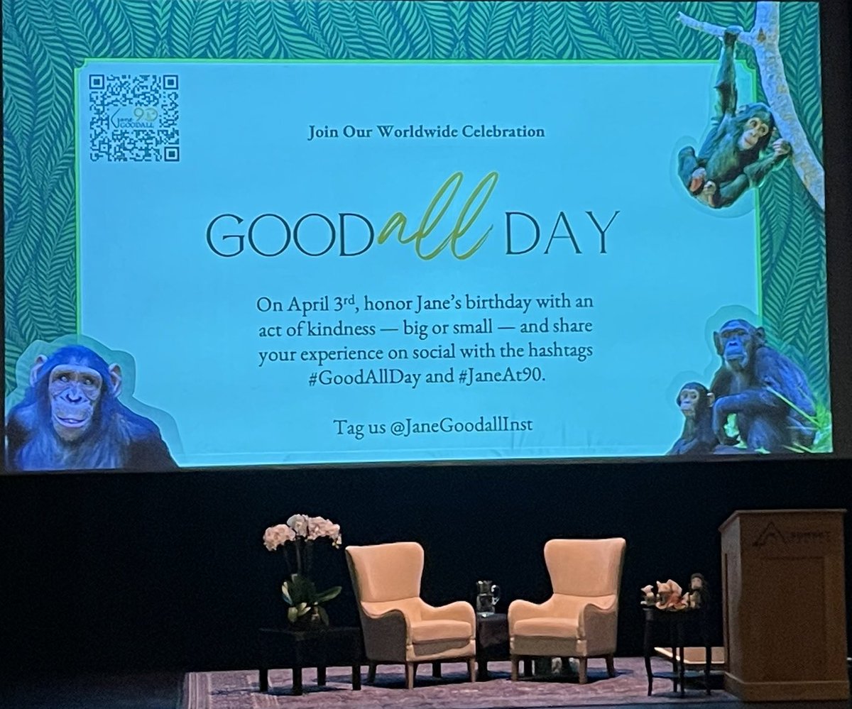 April 3 is Act of Kindness Day for Jane Goodall’s 90th birthday  … Pass it on!   #GoodAllDay   #JaneAt90 ⁦@JaneGoodallInst⁩