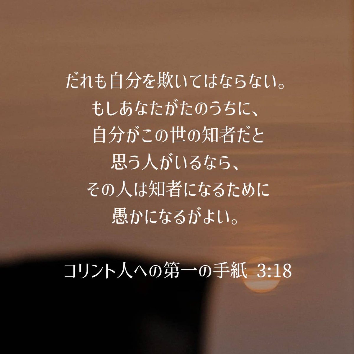 コリント人への第一の手紙 3:18 口語訳 [18] だれも自分を欺いてはならない。もしあなたがたのうちに、自分がこの世の知者だと思う人がいるなら、その人は知者になるために愚かになるがよい。 #聖書 #Bible