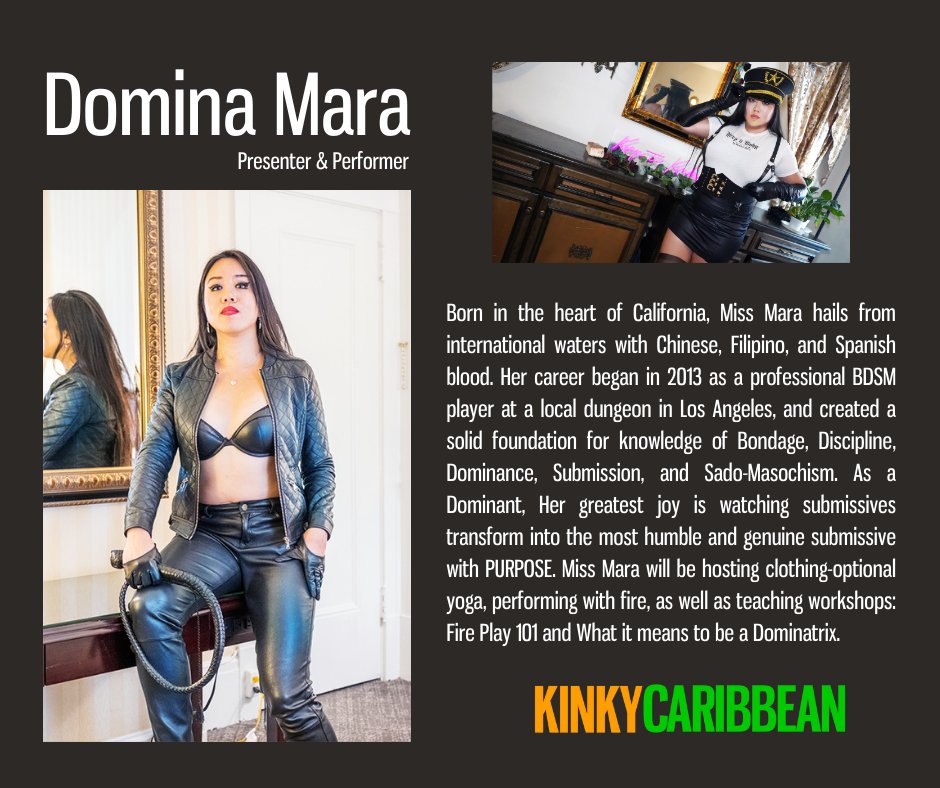 We are excited to announce the addition of presenter & performer Domina Mara for Kinky Caribbean. She will be teaching some hot workshops including:  Fire Play 101, What it means to be a Dominatrix, and  Clothing optional beach Yoga, as well as giving us a 'fiery' performance!