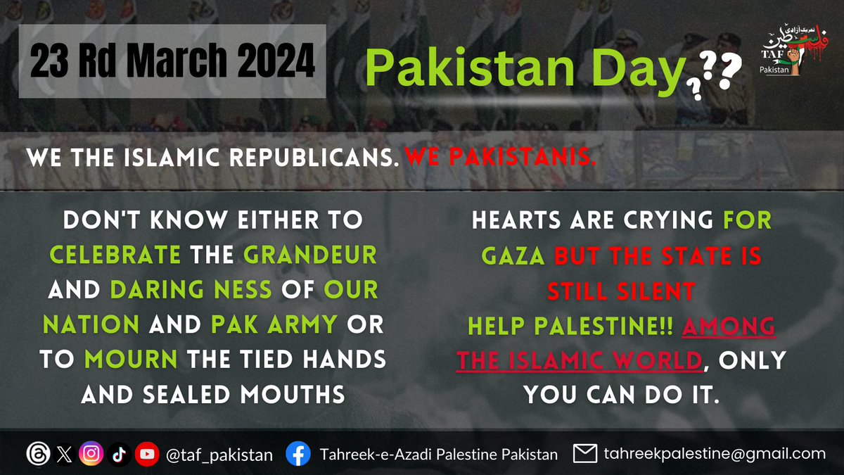 taf_pakistan's tweet photo. Pakistan celebrated the most in Palestine when it became the first Islamic country with nuclear power in the world... Our weapons made them feel safe, but our ideas let them down.
#PakistanDay #23rdMarch #ResolutionDay #PakistanResolution #IndependenceDay #nationaldayofpakistan https://t.co/zlTMfwUX0Y