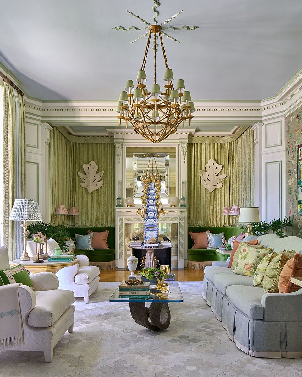 A lush oasis. Fondly recalling the Family Room from the 2023 New York Kips Bay Decorator Show House envisioned by the talented Timothy Corrigan, Inc. Featuring Versailles Velvet