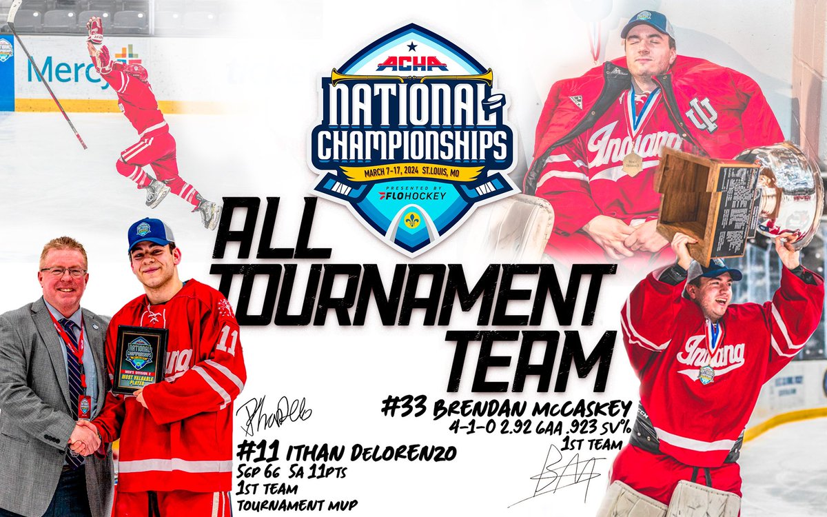 It was a team effort in St. Louis but two Hoosiers were honored by the ACHA for their play at 2024 National Tournament. Congratulations to Ithan DeLorenzo (Naperville, Ill.) and Brendan McCaskey (Ramsey, N.J.) for being named to the First All-Tournament Team