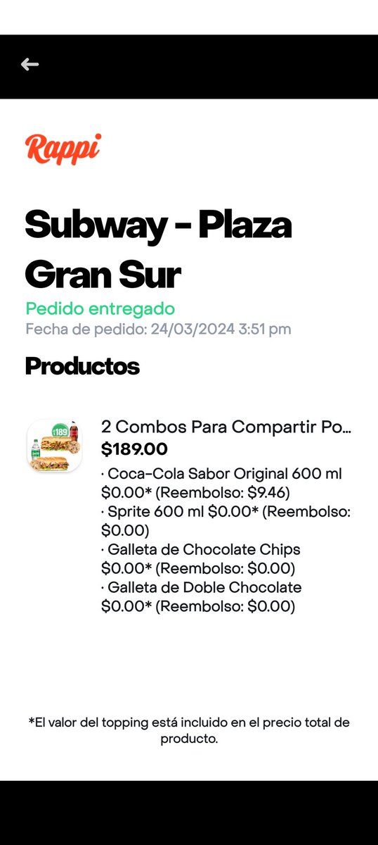MarthaTHernande's tweet photo. Y que tal con @RappiMexico y @SUBWAY  hice un pedido que no llego completo faltaron 4 productos y el reembolso es solamente de $9.50
Es esto correcto @Profeco https://t.co/zpPMY9KIz0