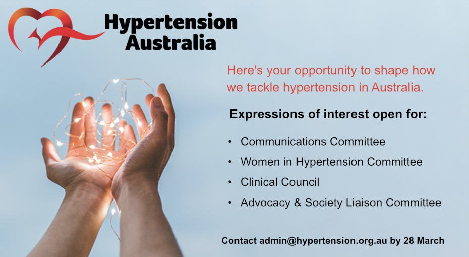 Do you want to make an impact on #hypertension in Australia? Expressions of interest now open for @HypertensionAus committees, until 28 March. @alta_schutte @MarkusSchlaich @garryjennings @RachelClimie @glamb3004 @iangoodbody @FZMarques @AnastasiaSMihai @Audrey_Adji @m_stowasser