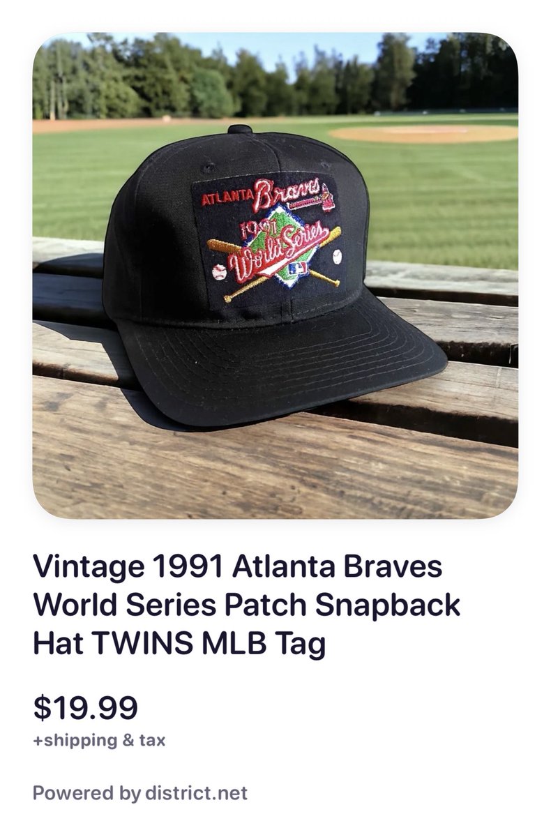 Timwalkonwater2's tweet photo. Vintage 1991 Atlanta Braves World Series Patch Snapback Hat TWINS MLB Tag #claim 32535: Follow and reply with #claim to purchase! @NoFloCards
USE CODE โOTYโ FOR $5 OFF YOUR FIRST PURCHASE
#vtgvtgvtg #vintage #snapbackhats #mlb #thehobby #braves #ForTheA https://t.co/2YLrFReEL3