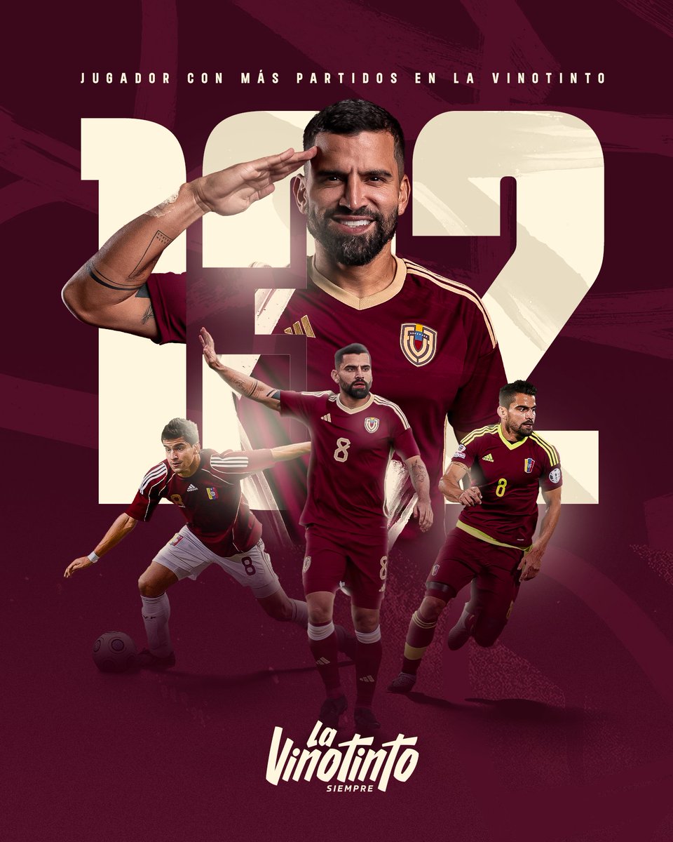 1⃣3⃣2⃣ 𝐇𝐈𝐒𝐓𝐎𝐑𝐈𝐀𝐒 🫡 @TomasRincon5 se convierte en el jugador con más partidos vistiendo la 𝐕𝐈𝐍𝐎𝐓𝐈𝐍𝐓𝐎 👏 #SiempreVinotinto 🇻🇪