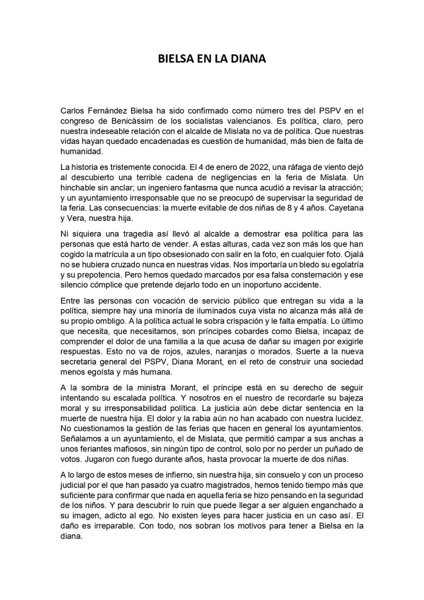 La muerte de nuestra hija NUNCA será algo político. Si cargamos contra <a href="/CarlosFBielsa/">Carlos F. Bielsa | Alcalde de Mislata</a> no es por su partido, sino por ser la máxima autoridad del pueblo que permitió instalar una feria sin seguridad. Fuese del partido que fuese, nuestro desprecio hacia él no cambiaría #SonrisaVera