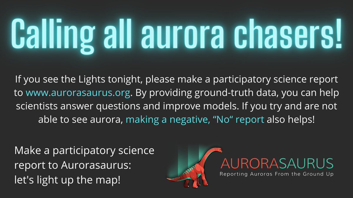 A large geomagnetic storm has started! While the aurora is fickle, speed is high and there is potential if Bz goes south and the storm lasts. Good luck and stay safe chasing! And as always, you can #DoNASAScience by making a 'Yes' or 'No' report to aurorasaurus.org!🦕✨