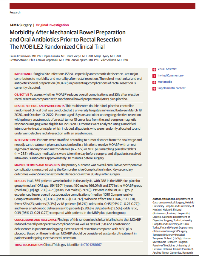 Interesting <a href="/JAMASurgery/">JAMA Surgery</a> RCT from <a href="/villesallinen/">Ville Sallinen</a> <a href="/LauraKoskenvuo/">Laura Koskenvuo</a> and their <a href="/helsinkiuni/">University of Helsinki</a> team comparing OMBP to MBP in patients with rectal cancer:

When compared to mechanical bowel prep+placebo, MBP+PO abx was associated with lower rates of organ-space SSI/anastomotic leak.