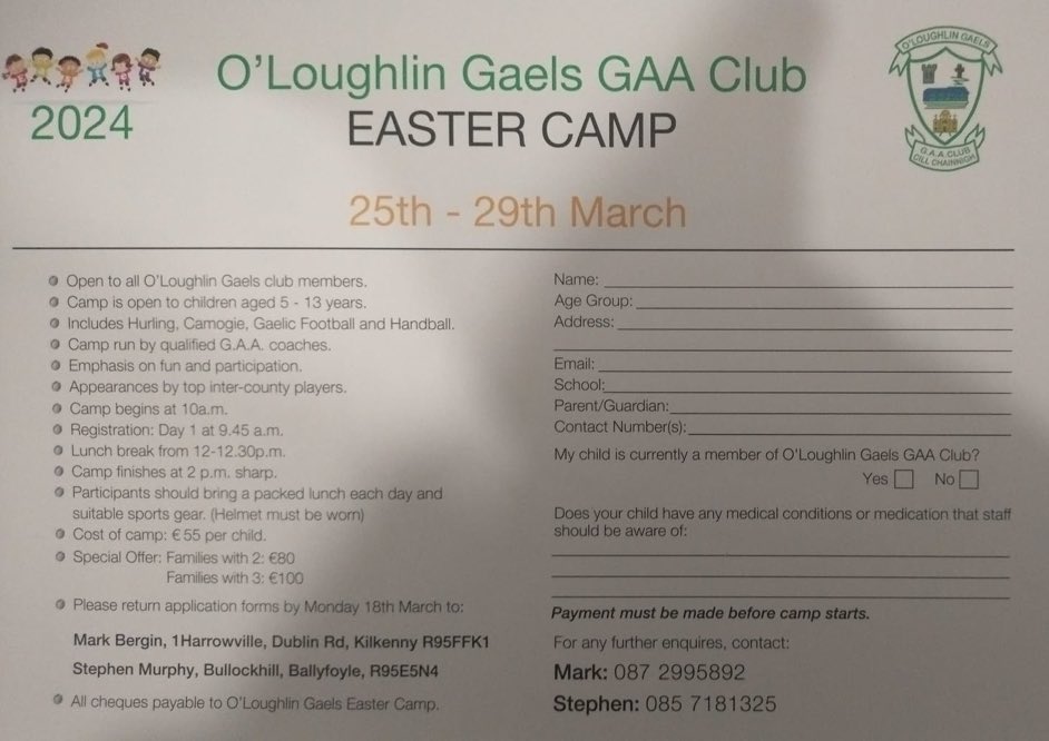 O’Loughlin Gaels Easter Camp starts tomorrow (Monday 25th March) with registration at 9.45am. Don’t forget to pack the hurl, boots, helmet and lunch tonight.