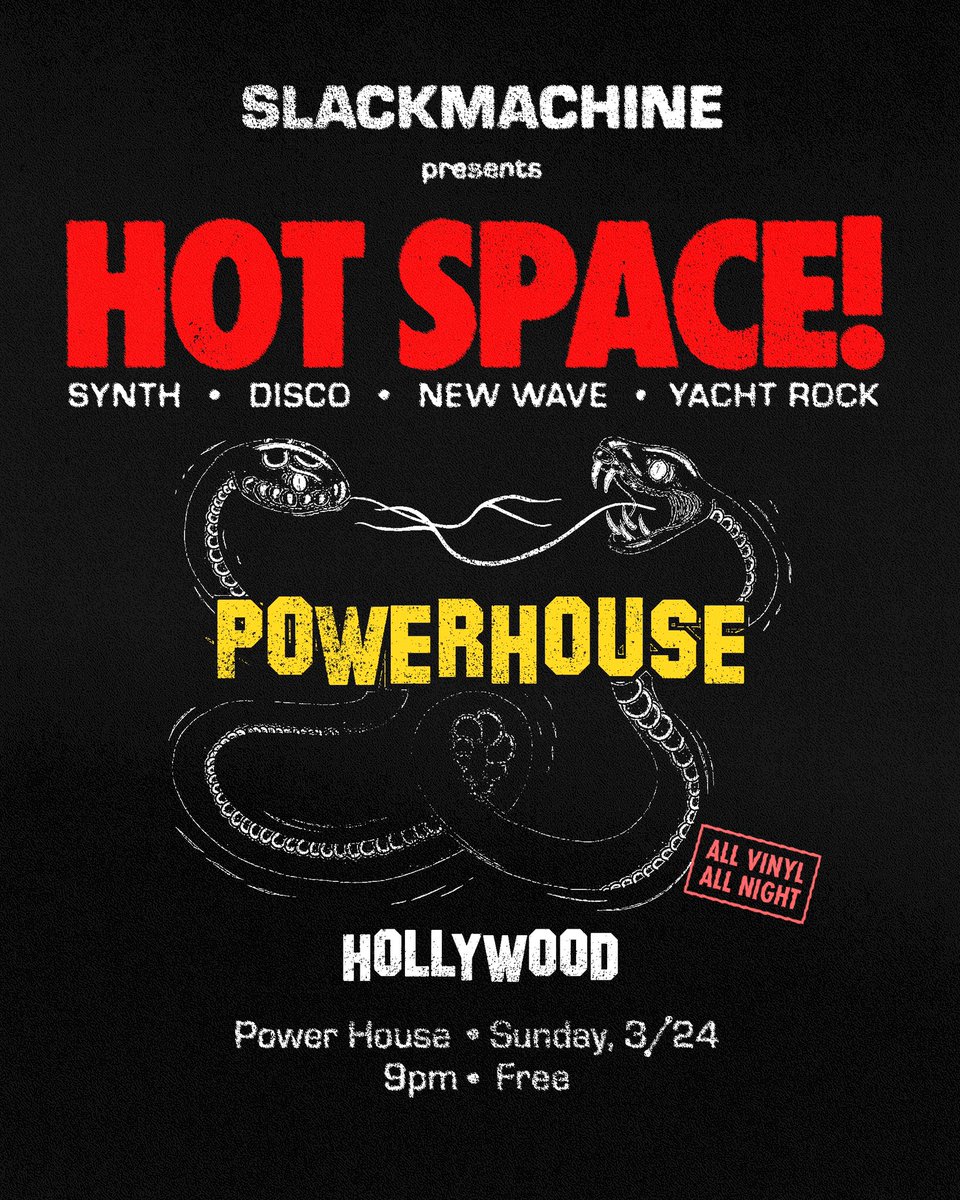 I’m bringing HOT SPACE! to the heart of Hollywood tonight at the legendary Power House Bar! Slither on in for a well-shaken cocktail and get down to my favorite cuts from the 70s, 80s and beyond! Needle drops at 9pm // Sssee you there! 🐍🎬