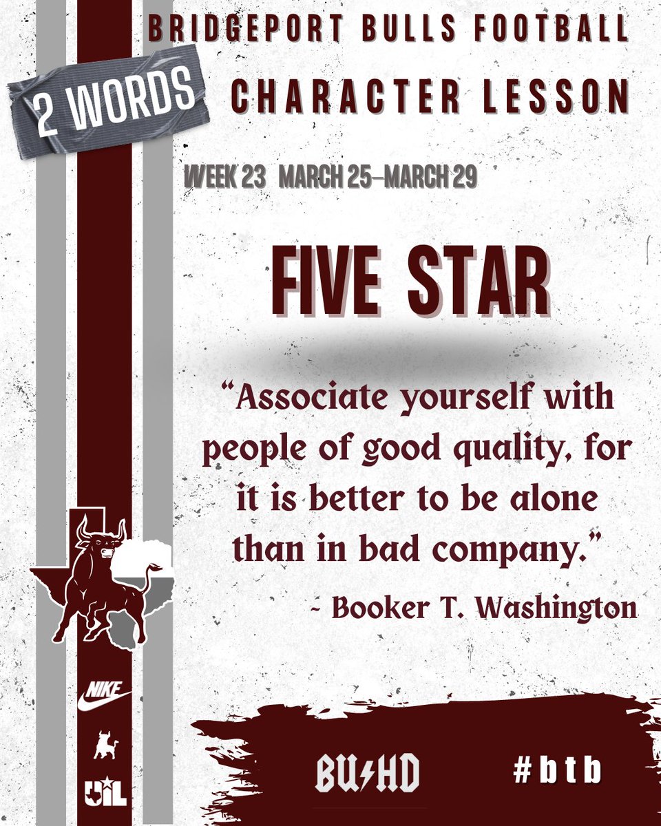 FB_Bulls's tweet photo. Week 23 in our Character Development brings us:
Five Star
“Associate yourself with people of good quality, for it is better to be alone than in bad company.”
~ Booker T. Washington
#BUHD #btb https://t.co/cC2AXMKsea