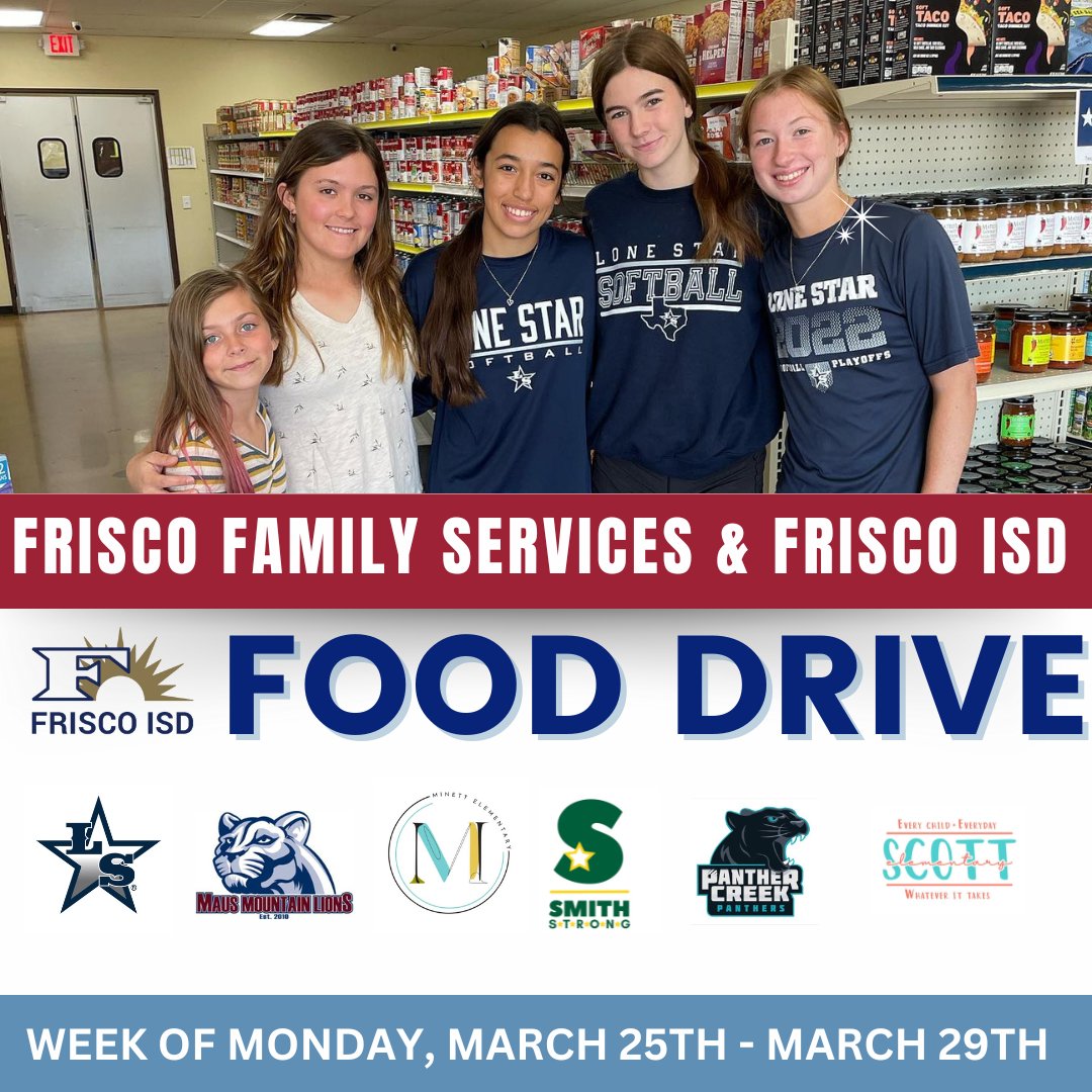 Starting Monday, March 25-March 29th, the following schools will be collecting much needed non-parishables to donate to our Market: @LSHSRangers @MausMS @MinettElem @PCHSFrisco @Scott_elem @smithelem_Noel Laura Ellison Child Development Center