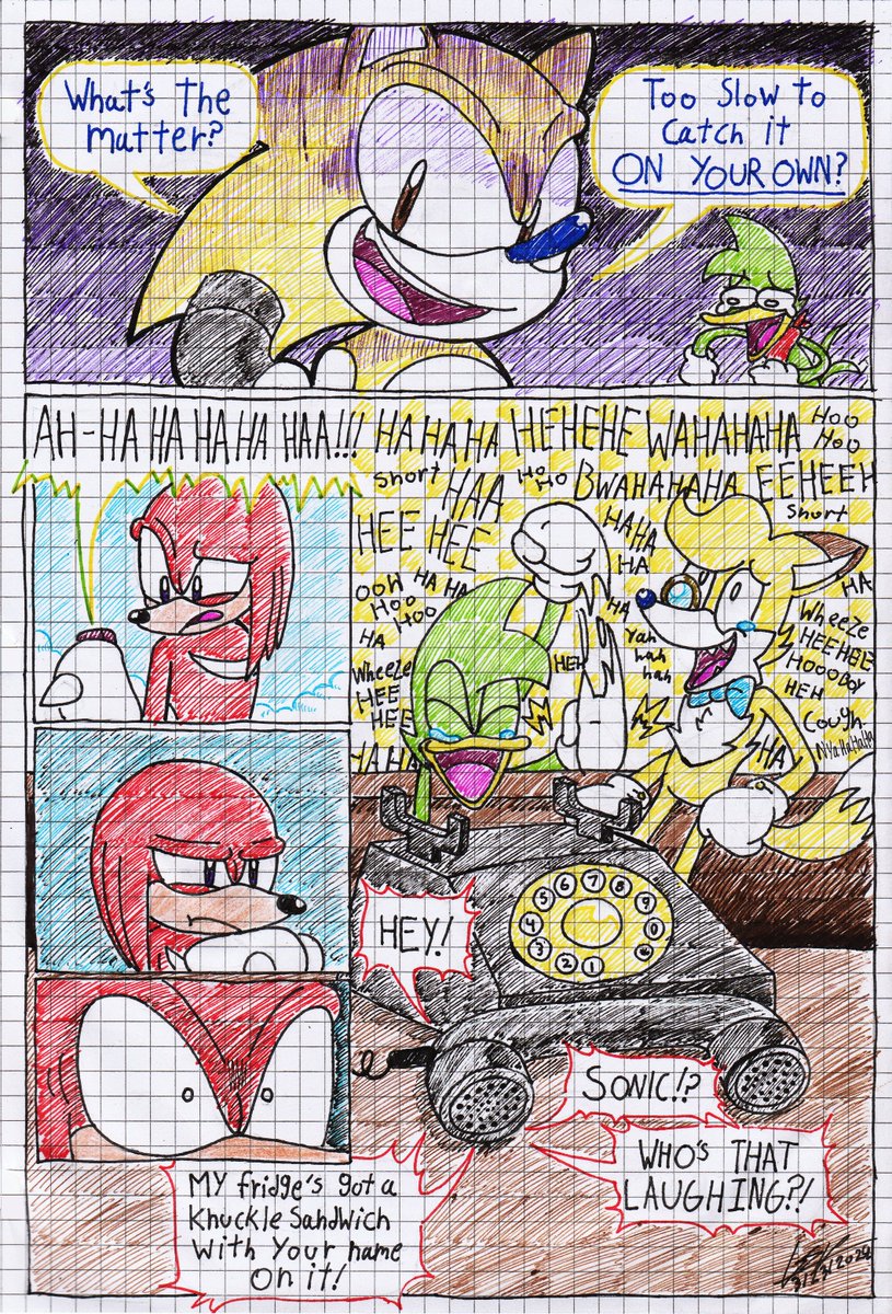 NintenMessenger's tweet image. Sherwood The Faux - Cold Caller.
A little prank call never hurt anybody... though I'd hate to be Sonic the next time Knuckles sees him.
#SherwoodTheFaux #BeanTheDynamite #KnuckelsTheEchidna #SonicOC #Fanart #Comic #SonicTheHedgehog