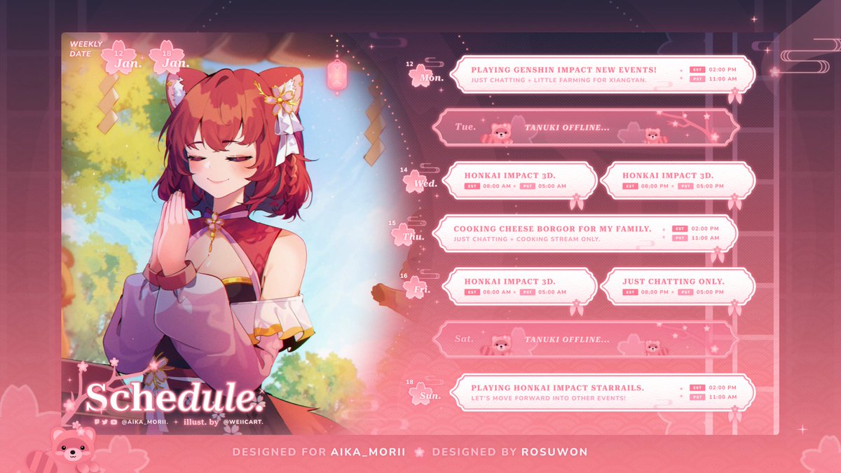 ✢ Stream overlays &amp; schedule
client ꒱  . <a href="/Aika_Morii/">Aika Morii 🌸⛩️</a> ! 

I designed these beautiful graphics for aika, Thank you for commissioning me &amp; congratulations on your debut!

#tanukilive #VtuberDebut !