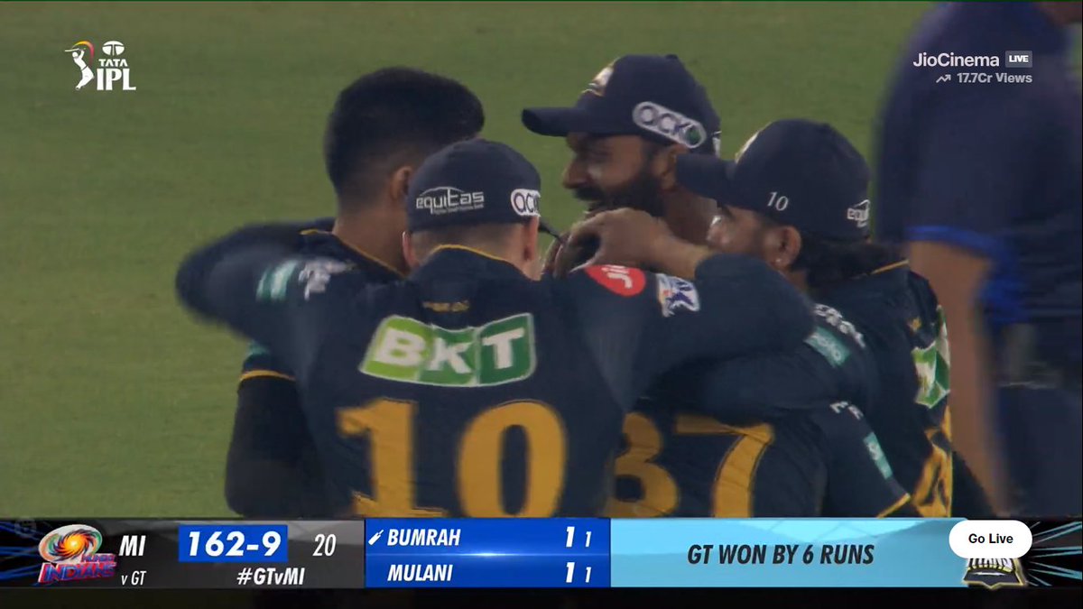 Mumbai Indians needed 48 in 6 overs with Brevis and Tilak on strike:

15th over - 5 runs.
16th over - 4 runs.
17th over - 3 runs.
18th over - 9 runs.
19th over - 8 runs.
20th over - 12 runs.

- ONE OF THE GREATEST COMEBACKS BY GT...!!! 🤯