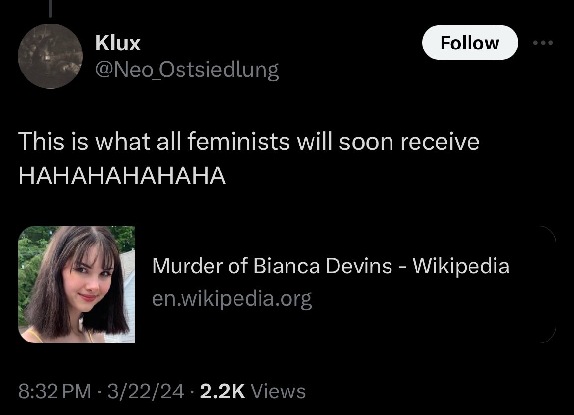 hollowearthterf's tweet photo. This is exactly why misandry and misogyny are not even remotely equivalent. 

Misogynists want to murder women, Misandrists want to remove themselves from the presence of men because men want to murder women. https://t.co/8BDt0y83sp
